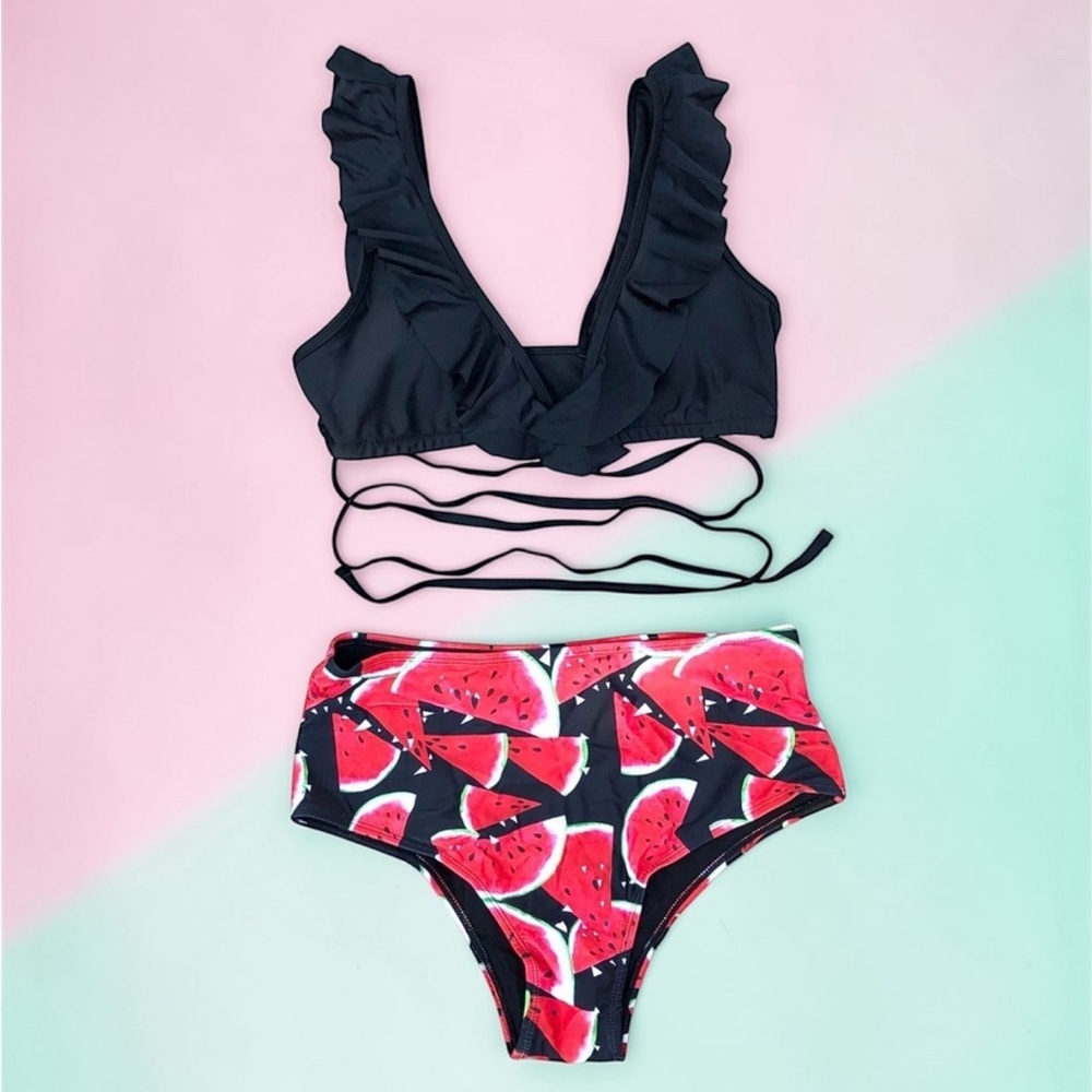 Black Ruffle Wrap Bikini Top with Watermelon High-Waist Bottom